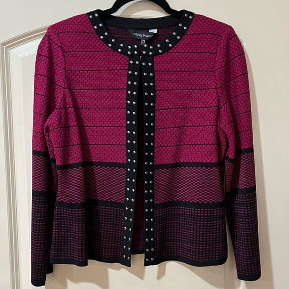 MING WANG Embroidered Studded Open Front Cardigan Pink Black Women’s Size SP - Picture 1 of 5